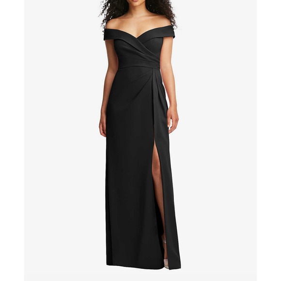After Six Madelyn Black Off the Shoulder Pleated Faux Wrap Maxi Dress Sz 8 6872 - Picture 1 of 11
